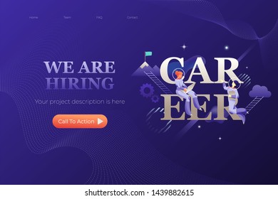 CAREER word and business team in space suits around. Vector header or hero banner template with illustrative metaphor with modern people characters in space suits. 