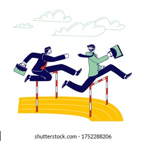 Careerist Chase, Business People Characters Social Climbers Running Competition. Businessmen Holding Briefcases in Hands Jump over Barriers. Leadership Successful Colleague. Linear Vector Illustration