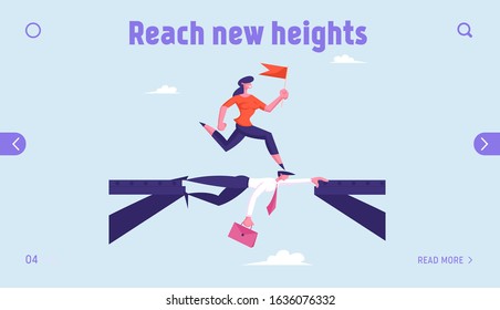 Careerist Reach Goal Walk over Heads Website Landing Page. Business Woman with Red Flag Overcome Broken Bridge Going by Back of Businessman Opponent Web Page Banner. Cartoon Flat Vector Illustration