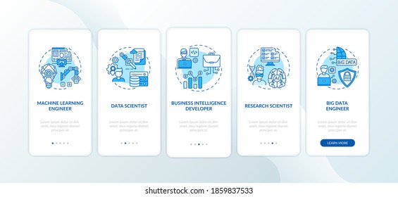 Careers in ai onboarding mobile app page screen with concepts. Data scientist specialist job walkthrough 5 steps graphic instructions. UI vector template with RGB color illustrations