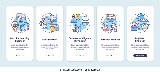 Careers in ai onboarding mobile app page screen with concepts. Machine learning software engineer walkthrough 5 steps graphic instructions. UI vector template with RGB color illustrations