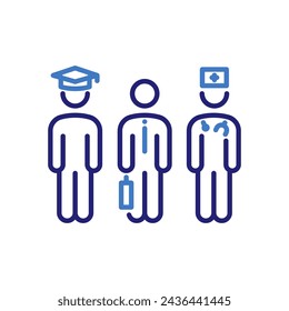 Careers icon with student, businessman, and doctor. Vector thin line illustration for education, private sector, and public service