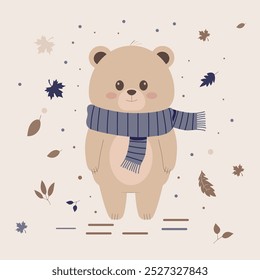 Un oso despreocupado en una bufanda atrapa las hojas caídas de otoño. Vector plano, ilustración de dibujos animados. 
