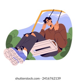 Carefree boy plays on playground, rejoices of summer outdoors. Happy teen rides on swing. Young man fun in park. Happiness, inspiration concept. Flat isolated vector illustration on white background