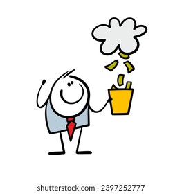 Carefree businessman stands with bucket or basket and catches bills of money falling from the sky. Vector illustration of freebies. Paper dollar flies out of the cloud. Isolated on white background.