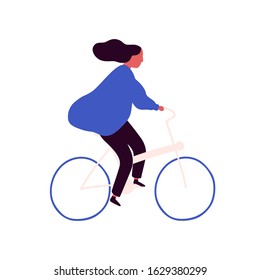 Carefree cartoon woman bicyclist with waving hair vector flat illustration. Active female enjoy healthy lifestyle isolated on white. Trendy girl character riding bike