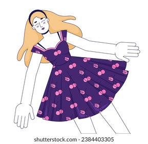 Carefree caucasian woman closed eyes lying down 2D linear cartoon character. Delighted relaxing female young isolated line vector person white background. Girl in dress color flat spot illustration