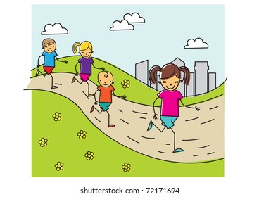 Carefree children run in the park together having fun and smiling. vector illustration