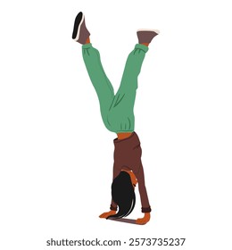 Carefree confident young woman cartoon character standing upside down handstand sport position vector illustration. Pretty athletic female having lifestyle challenge feeling hobby excitement