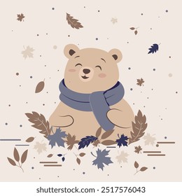 A carefree cute bear wrapped in a warm knitted scarf sits in a pile of fallen autumn leaves. Vector flat illustration in cartoon style.
