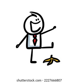 Carefree doodle office employee walking and is ready to step on the banana peel. Vector illustration of cartoon man and future problems.