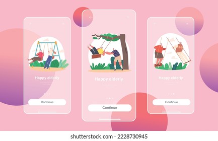 Carefree Elderly Couples Mobile App Page Onboard Screen Template. Funny Senior Characters Swing, Old Man and Woman Having Outdoors Fun Swinging on Seesaw Concept. Cartoon People Vector Illustration