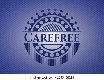 Carefree emblem with denim high quality background. Vector Illustration. Detailed.