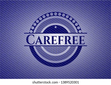 Carefree emblem with jean background. Vector Illustration. Detailed.