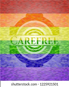 Carefree emblem on mosaic background with the colors of the LGBT flag