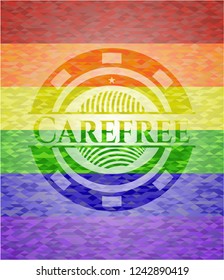 Carefree emblem on mosaic background with the colors of the LGBT flag
