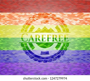 Carefree emblem on mosaic background with the colors of the LGBT flag