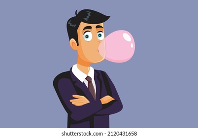 
Carefree Friendly Corporate CEO Chewing Bubble Gum Vector Cartoon. Laid-back male CEO making gum bubbles as stress relief technique  
