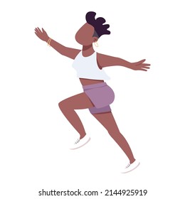 Carefree girl jumping for joy semi flat color vector character. Jumping figure. Positive emotion. Full body person on white. Simple cartoon style illustration for web graphic design and animation