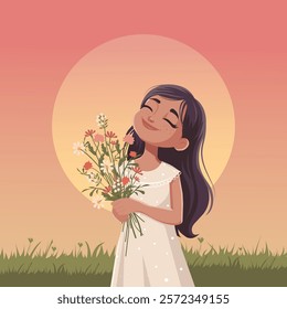 A carefree girl in a white dress stands on a field with a bouquet of wildflowers.