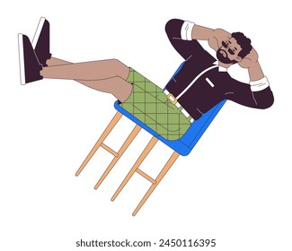 Carefree man balancing on chair 2D linear cartoon character. African american guy resting isolated line vector person white background. Enjoying free time and laziness color flat spot illustration