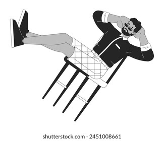 Carefree man balancing on chair black and white 2D line cartoon character. Black guy resting isolated vector outline person. Enjoying free time and laziness monochromatic flat spot illustration