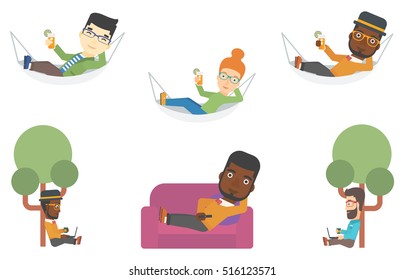 Carefree man chilling in hammock with cocktail in hand. Tourist relaxing in hammock and drinking a cocktail. Man lying in hammock. Set of vector flat design illustrations isolated on white background.