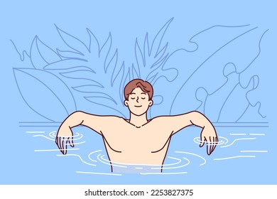 Carefree man is in pool near leaves of tropical plants, arms outstretched leans on skirting and closes eyes. Young age guy enjoys while swimming in pool of resort hotel. Flat vector design 