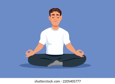 
Hombre despreocupado en la ilustración de Yoga Lotus Position Vector. Sereno meditando sentado en Pilates posando en el suelo
