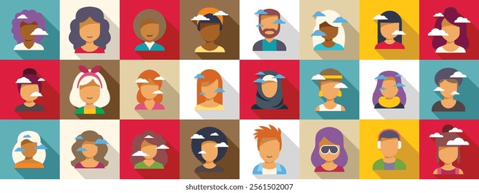 Carefree people clouds icons set. Multicultural group of people with thought bubbles symbolizing ideas, dreams, and brainstorming