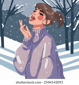 A carefree pretty girl in a warm winter sweater catches falling snowflakes with her tongue. Cartoon, flat vector illustration.
