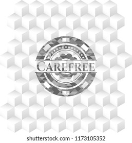 Carefree realistic grey emblem with geometric cube white background