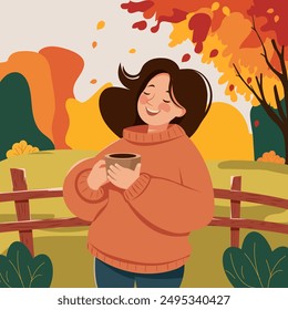 Carefree red-haired girl meditates on a large stone in the autumn park, stylish vector cartoon illustration with noises. Hand drawing. Not AI.