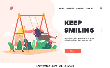 Carefree Retirement, Freedom Landing Page Template. Funny Pensioners Swinging on Teeter-totter, Elderly Characters Playing and Fun Together. Old Couple Outdoor Fun. Cartoon People Vector Illustration