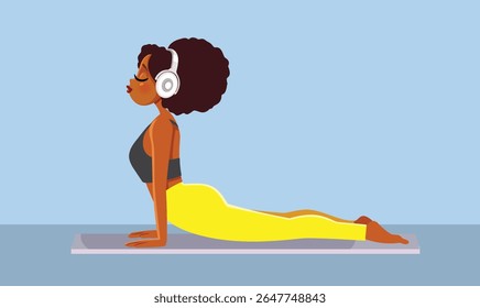 
Carefree Woman in Cobra Pose Vector Yoga Illustration. Flexible girl of black ethnicity doing back bending stretching exercise 