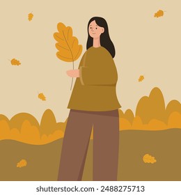 Carefree woman on a walk in the autumn park, modern stylish vector flat illustration. 

