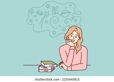 Carefree woman sitting at table with books resting chin on hand is distracted from preparing for exams. Student girl procrastinates and dreams during extracurricular work. Flat vector design 