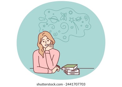 Carefree woman sitting at table with books resting chin on hand is distracted from preparing for exams. Student girl procrastinates and dreams during extracurricular work. Flat vector design