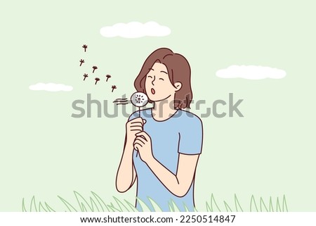 Carefree woman walks in clearing holding dandelion in hands and blows off petals flying away through wind. Relaxed girl walks along green meadow among grass enjoying spring weather. Flat vector design