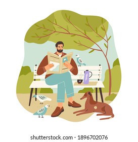 Carefree young man relaxing, enjoying calmness and reading newspaper on bench in park. Concept of slow life. Hand-drawn colored flat vector illustration isolated on white background