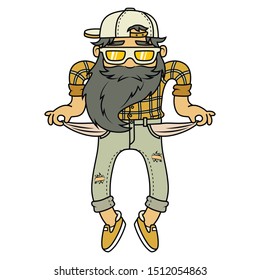 Carefree young man showing empty pockets. Vector illustration. Character isolated on white. Shirt design.