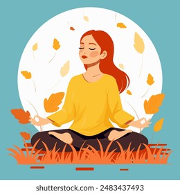 Chica despreocupada joven pelirroja haciendo yoga en la naturaleza, otoño acogedor. Ilustración vectorial, caricatura plana. Ni IA, ni Imagen. 
