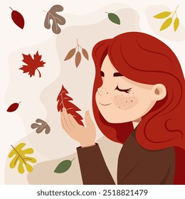 A carefree young red-haired girl with freckles catches fallen autumn leaves with her hands. Vector flat cartoon illustration. No artificial intelligence was used to create the illustration.
