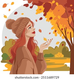 A carefree young red-haired woman in a knitted hat and a warm sweater catches falling yellow autumn leaves in her hand. Vector. No artificial intelligence was used to create the illustration. 