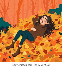 A carefree young woman in a cozy warm sweater and jeans lies on a pile of fallen autumn leaves. Vector cartoon illustration. No artificial intelligence was used to create the illustration.
