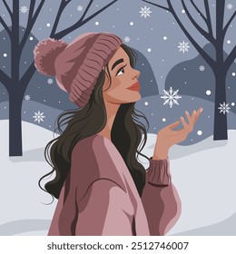 Mujer joven despreocupada en un sombrero de punto y suéter de gran tamaño coge copos de nieve. Ilustración plana de Vector. No se utilizó inteligencia artificial para crear la ilustración. 
