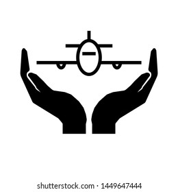 Careful air travel sign. Hands and airplane sign