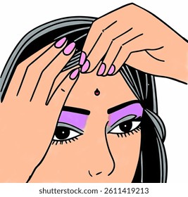 The careful application of a traditional Indian bindi, highlighting the precision of the process.