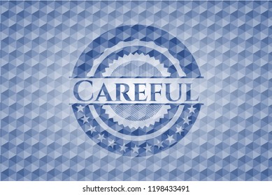 Careful blue emblem with geometric pattern.