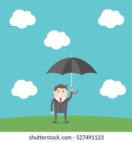 Careful businessman with umbrella standing on green ground under blue sky with white clouds. Flat design. EPS 8 vector illustration, no transparency